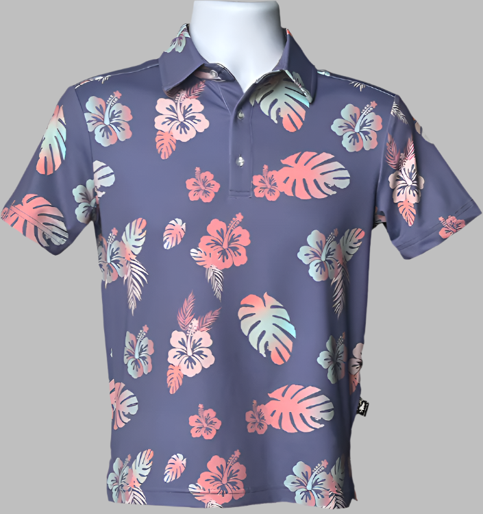 Purple/Blue backdrop with peach orange and mint green flowers and leaves tropical look men's polo