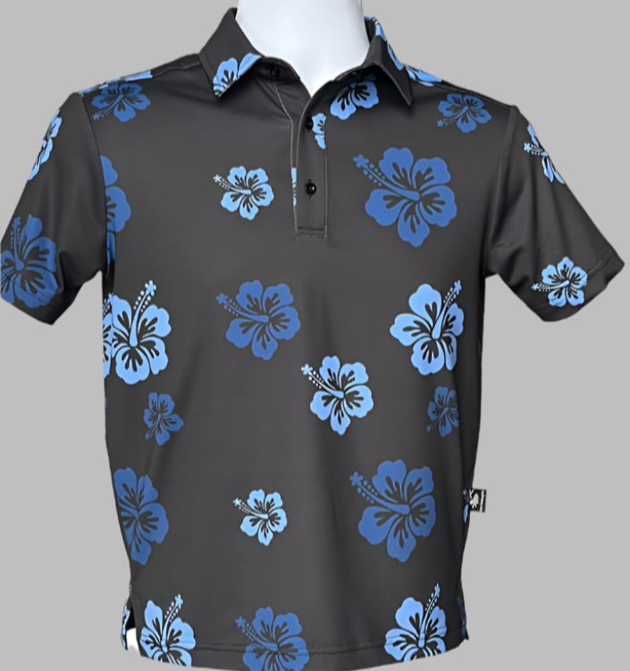 Mens Black Polo with Dark Blue and Light Blue Hibiscus Flowers